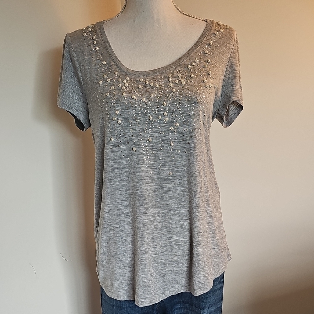 White House Black Market Gray Beaded Short Sleeve Top